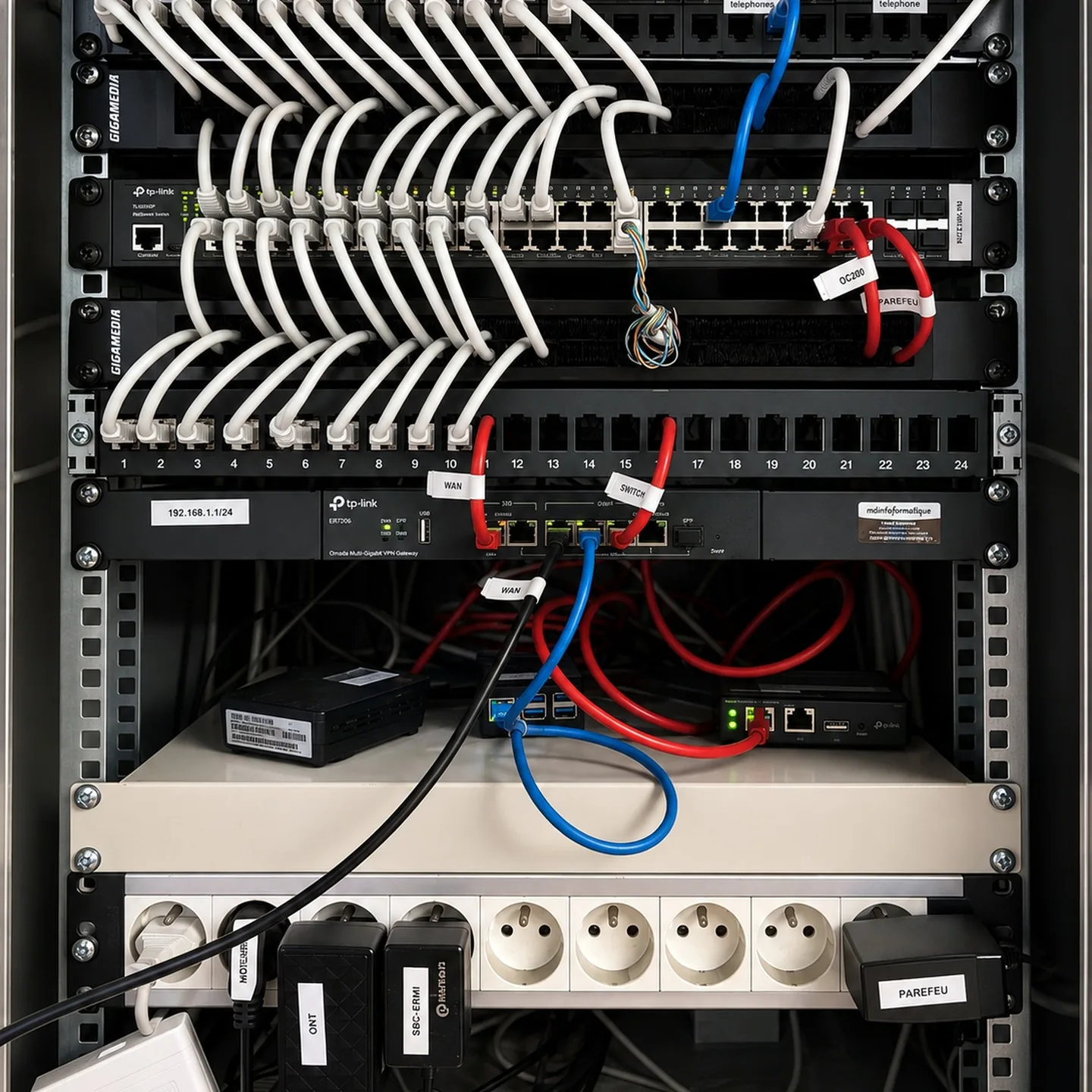 Baie de brassage propre et étiquetée chez ERM Aquitaine, câblage Cat6A, switch PoE et pare-feu