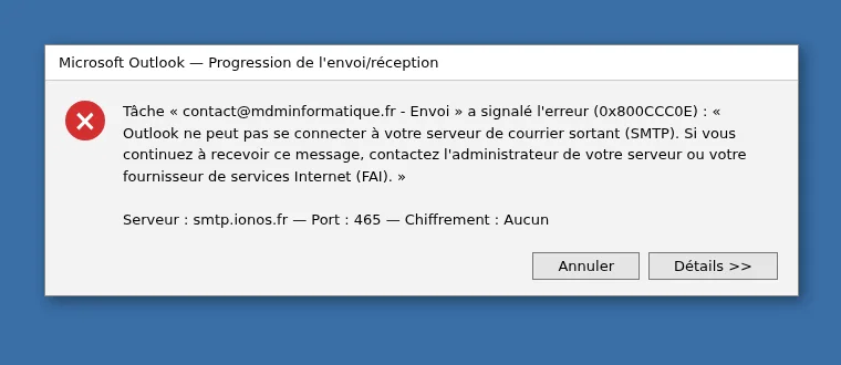 Capture d'une erreur Outlook fictive : port 465 sans chiffrement