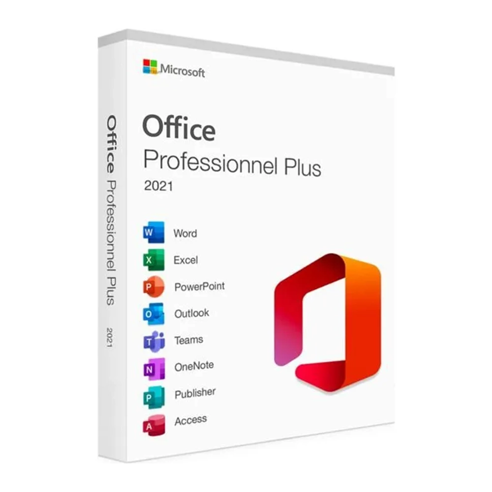 Boîte de Microsoft Office Pro Plus en vente dans les Landes, emballage bleu avec le logo de Microsoft et les applications clés Word, Excel, PowerPoint en évidence.
