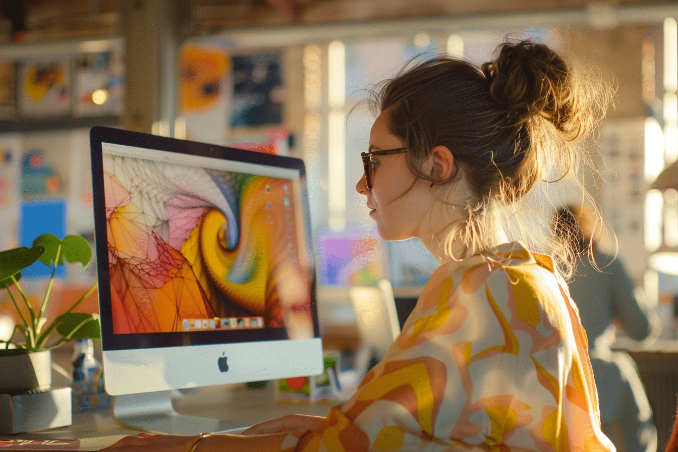 Femme créatrice sur iMac avec design coloré.