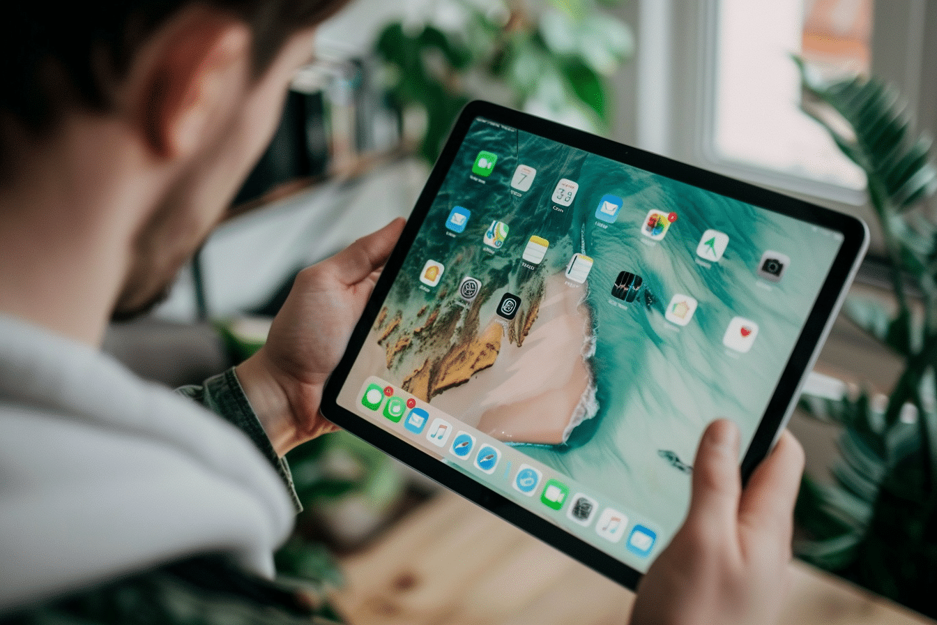 Utilisateur tenant un iPad avec applications.
