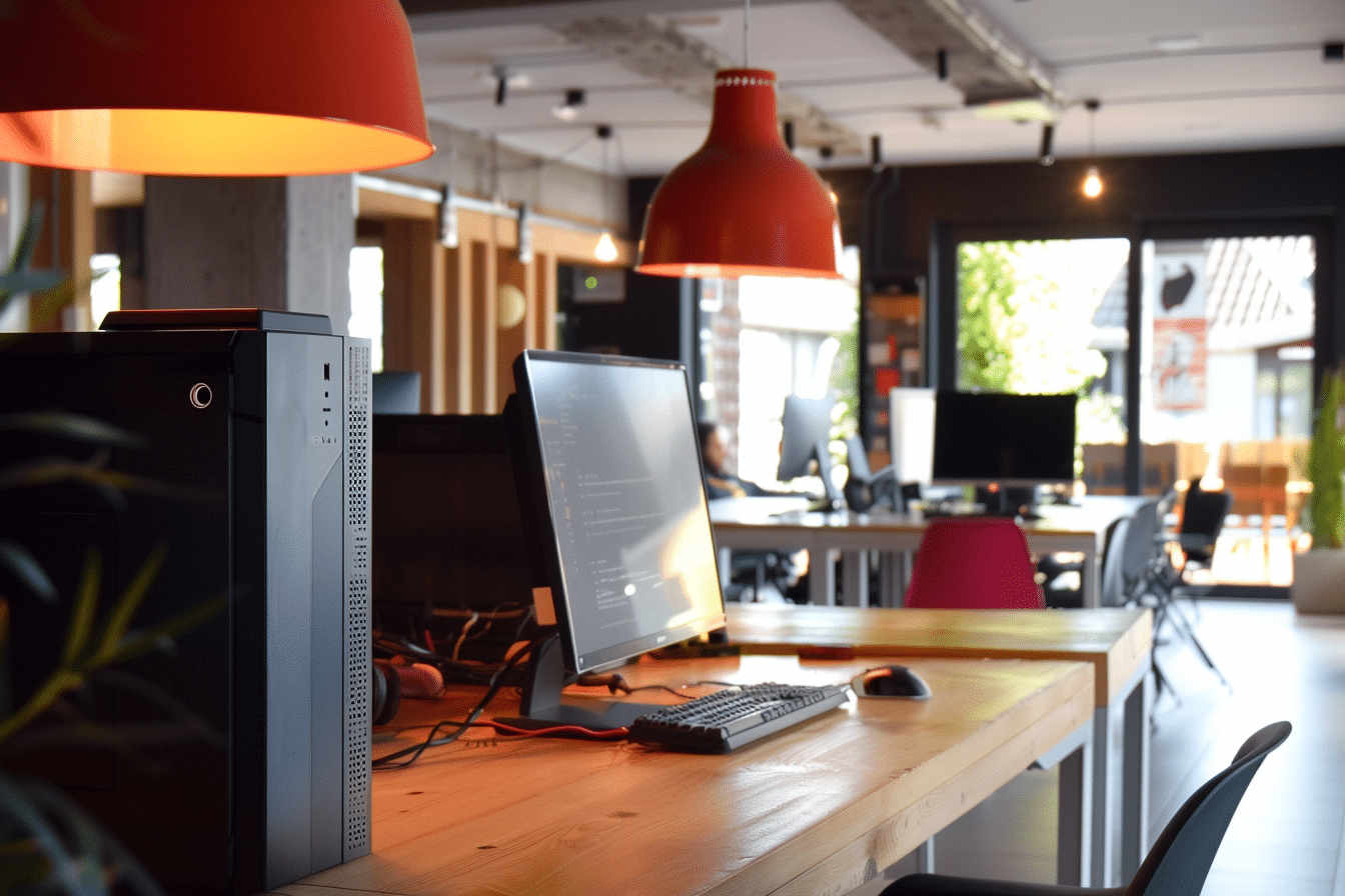 Bureau moderne et lumineux avec ordinateurs et plantes.