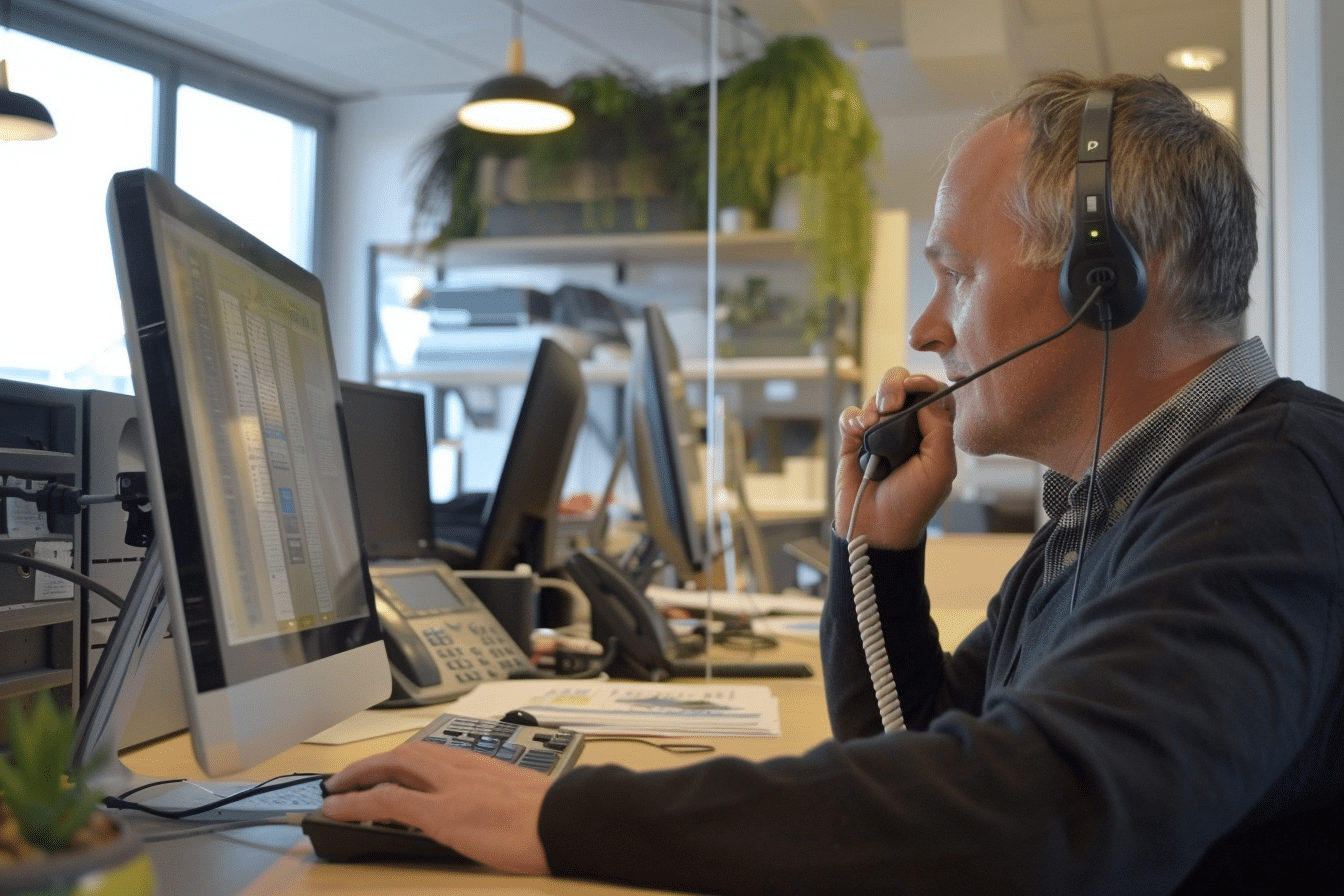 Homme travaillant au téléphone dans un bureau équipé.