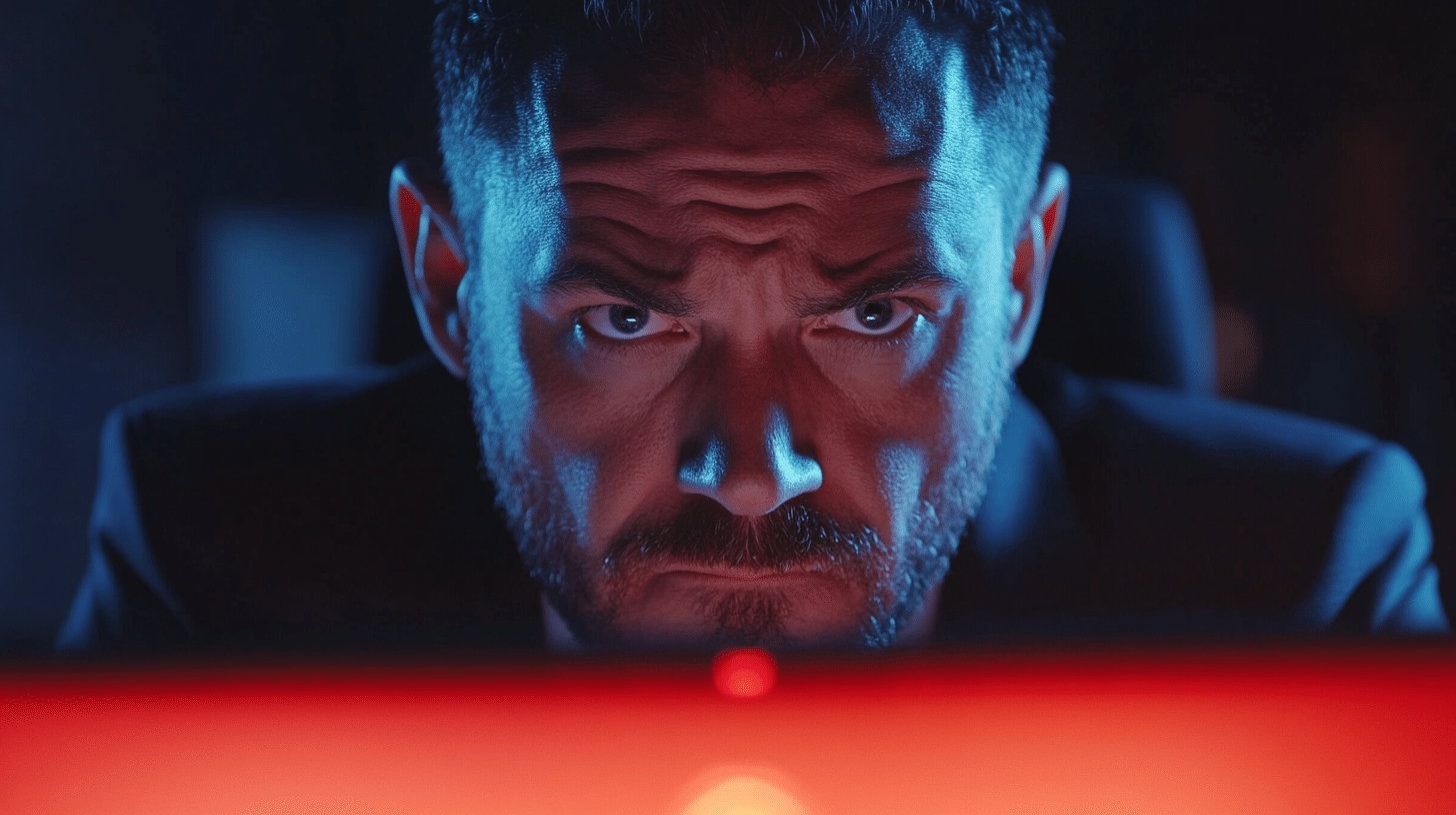 Homme sérieux avec éclairage rouge mystérieux
