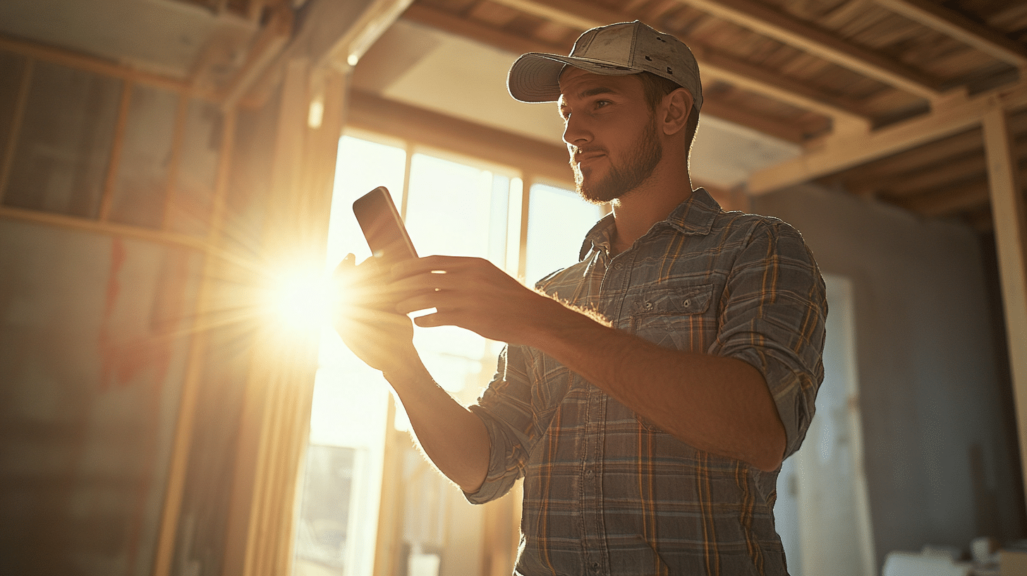 Homme utilisant smartphone dans chantier ensoleillé