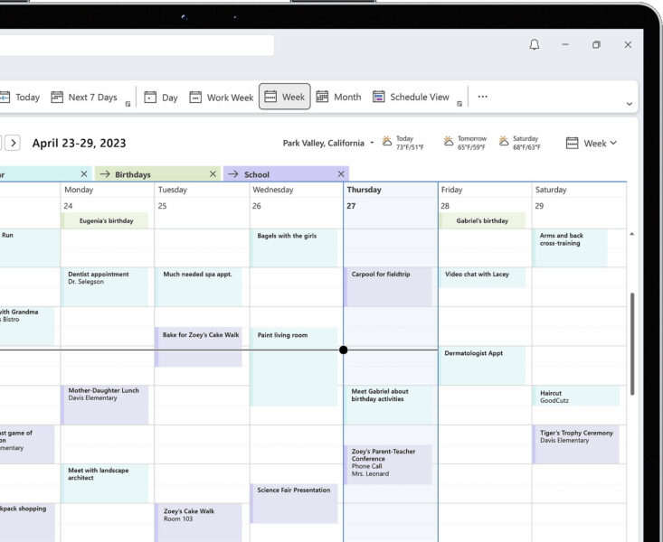Capture d'écran d'un agenda hebdomadaire numérique
