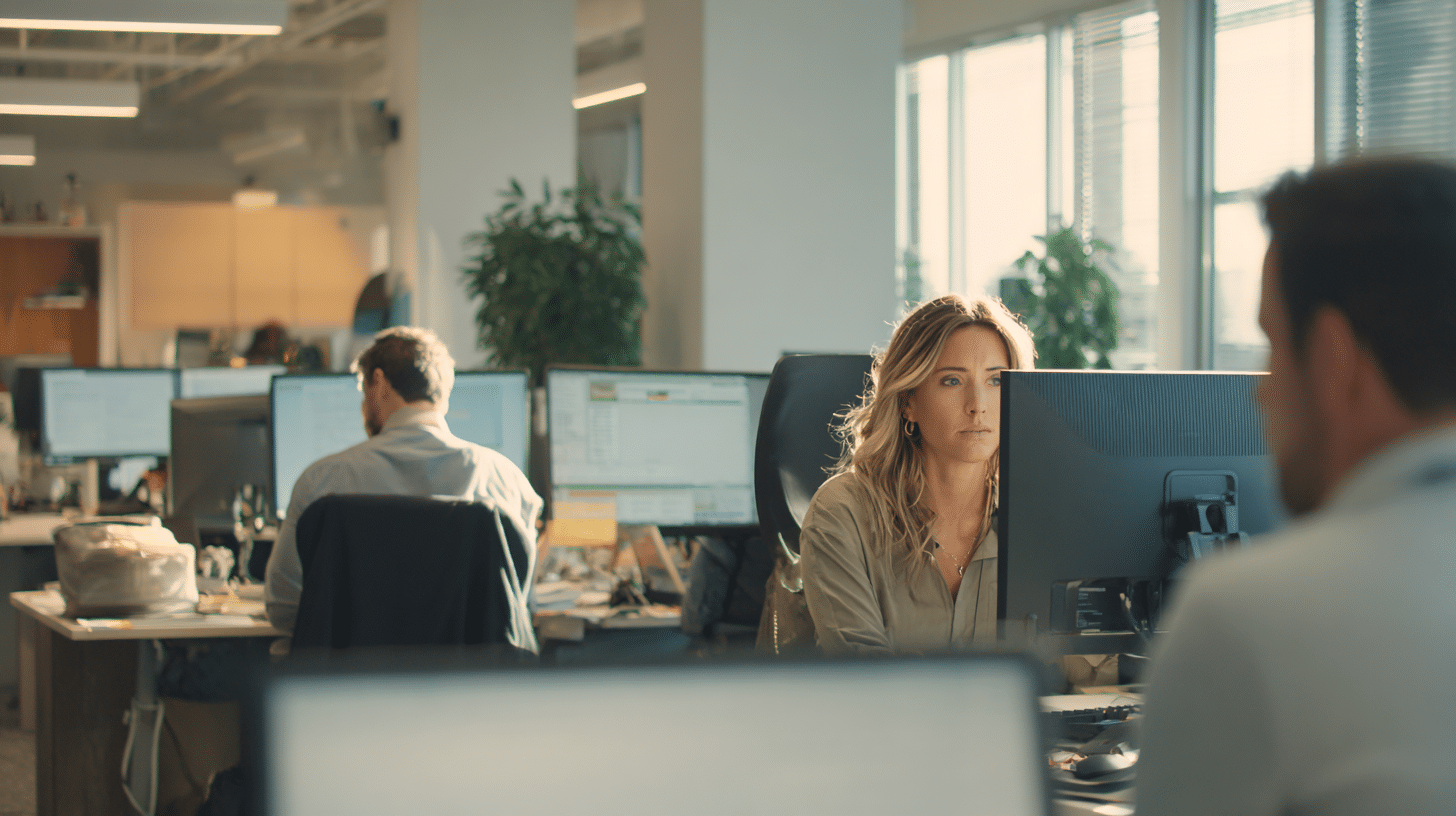 Femme concentrée travaillant dans un bureau animé