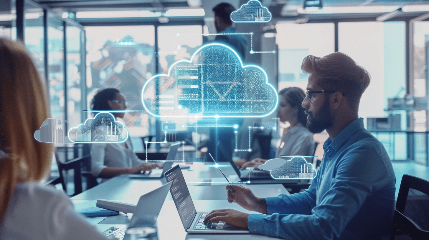 Professionnels utilisant technologie nuage dans bureau moderne