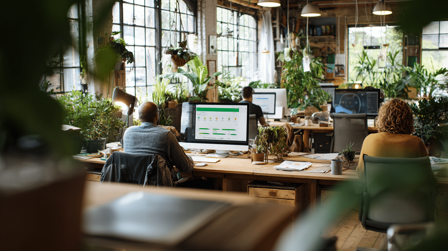 Bureau moderne et lumineux avec plantes et employés