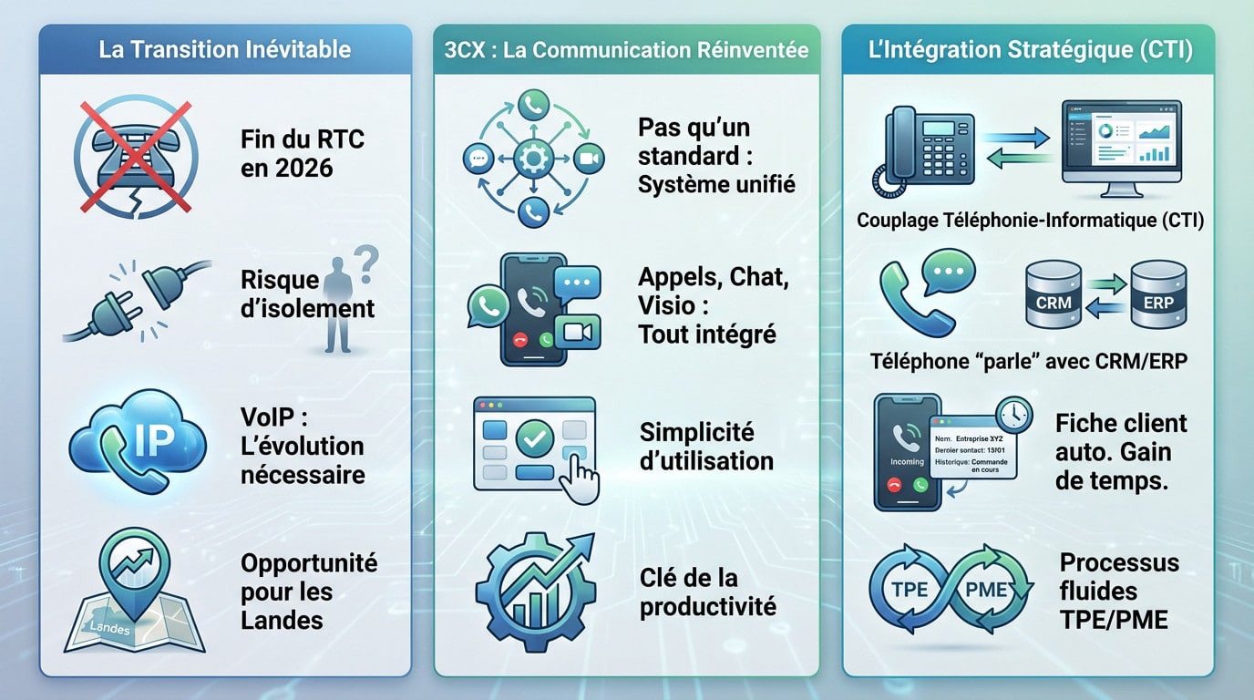 Solution de téléphonie 3CX moderne pour TPE et PME avec interface unifiée sur ordinateur et mobile