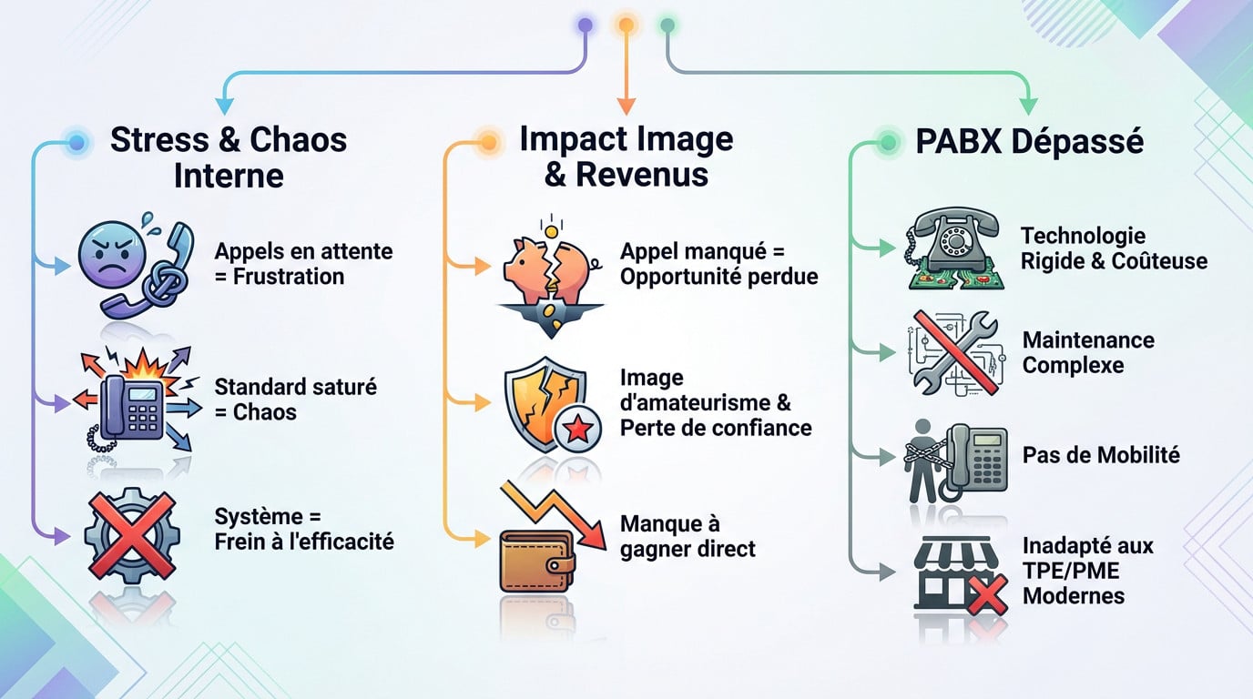 Collaborateur de PME stressé par la gestion de plusieurs appels téléphoniques simultanés