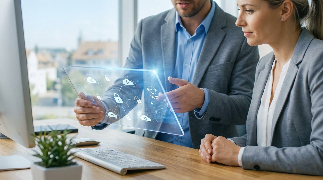 Deux professionnels discutent cybersécurité et services cloud sur une tablette holographique dans un bureau moderne.